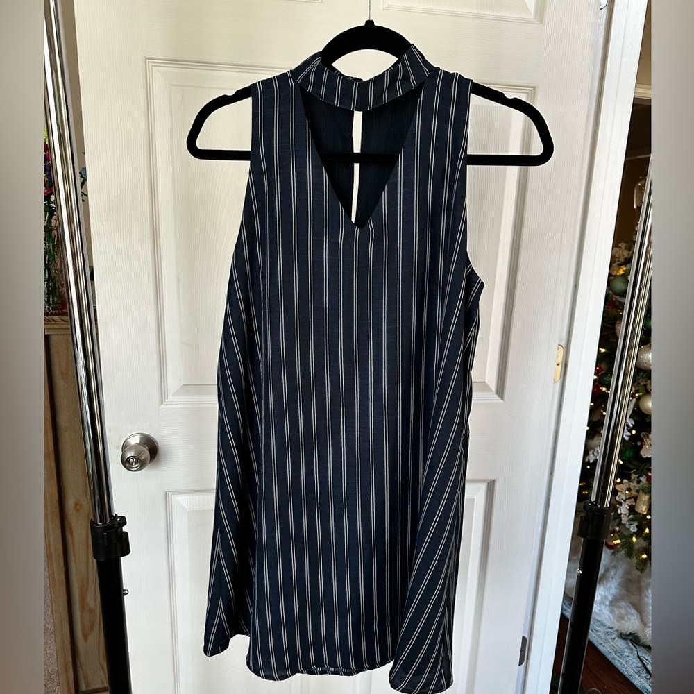 Sweet Wanderer Navy Blue Pinstripe Mini Dress Medium